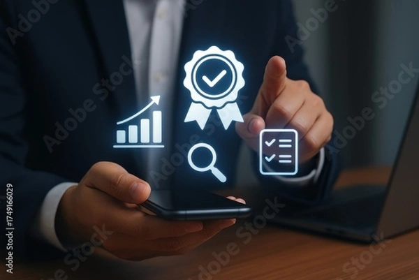 Fototapeta Businessman Using Smartphone with Growth Chart, Badge, and Checklist Icons for Digital Marketing Concept