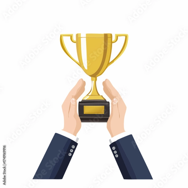 Fototapeta Hands holding a golden trophy, symbolizing victory and achievement in a competition