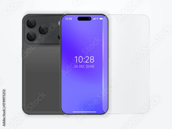 Fototapeta Modern Smartphone with Front and Back View, Screen Protector Mockup, Triple Camera Design, Purple Gradient Display