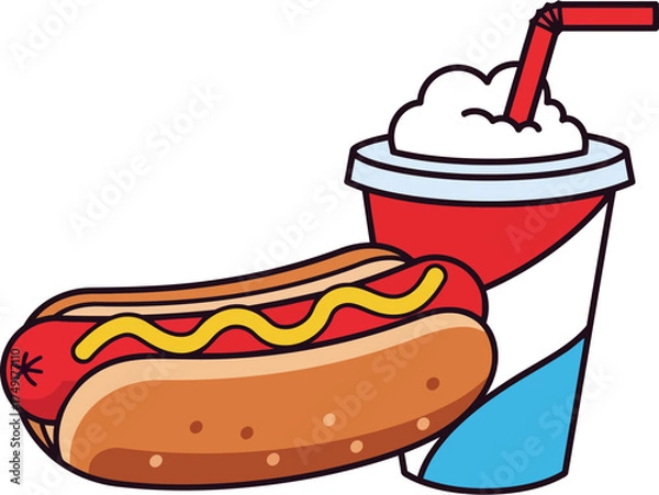 Fototapeta Hotdog and Soft Drink Combo Icon Vector — Fast Food Snack Illustration for Cafe Menu, Street Food Poster, Delivery App and Restaurant Branding