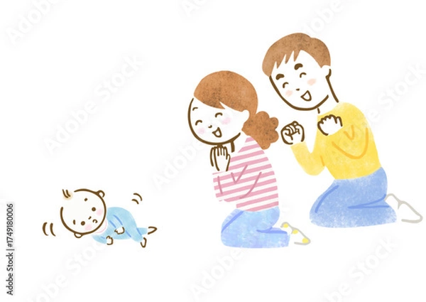 Fototapeta 寝返りをする赤ちゃんを見て喜んだり励ましたりしている両親の手描きイラスト