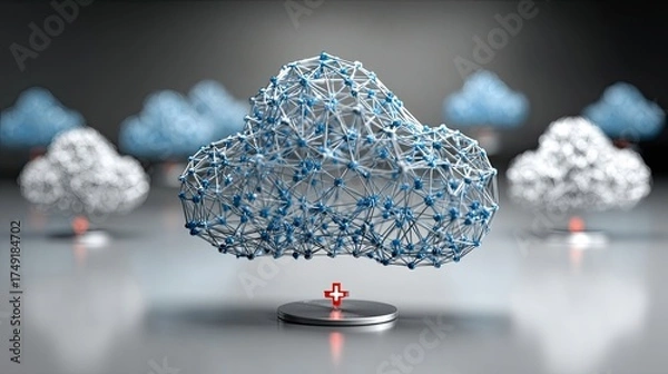 Obraz Dynamic abstract network cloud symbolizing secure digital data transfer and innovative technology solutions connecting global information streams.