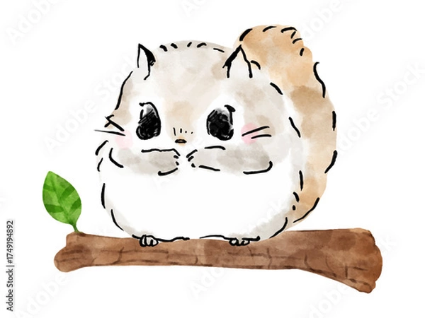 Obraz エゾモモンガ　枝でくつろぐエゾモモンガ　かわいい絵本風イラスト