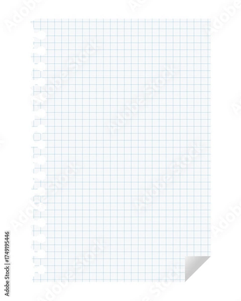 Obraz 破れた方眼紙のノートの紙。青いグリッドの入ったシンプルなベクターイラスト。