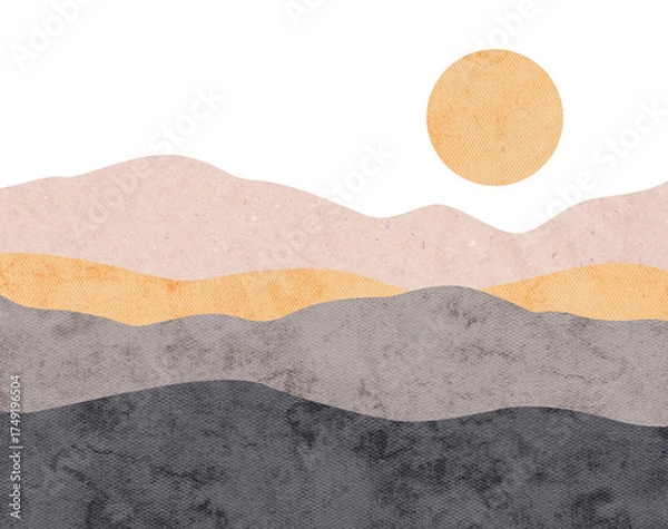 Fototapeta Minimalist abstract landscape collage with sun and layered mountains in warm beige, gray, and orange tones. Digital watercolor and paper texture background. 
