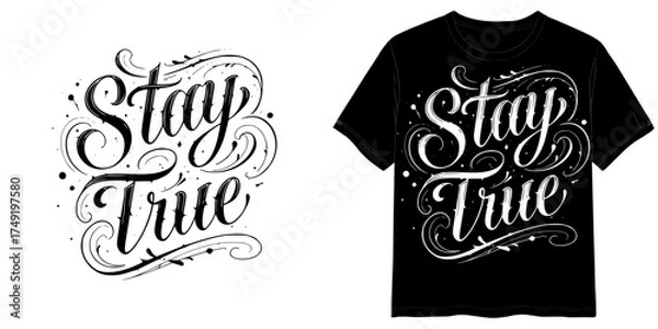 Fototapeta "Flow State" print  in Tattoo Script style, isolated vector image, two design options for the inscription on a transparent background and on a T-shirt mockup background