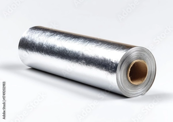 Fototapeta Rolled silver metallic foil on a white background