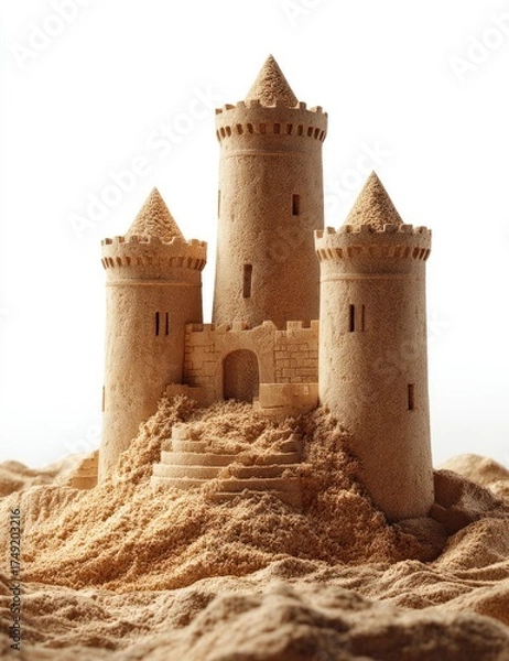 Fototapeta Detailed sandcastle, three towers,  castle-like structure on sand pile,  isolated