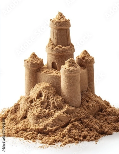 Fototapeta A meticulously crafted sandcastle sits atop a sizable pile of sand, light brown in color, against a pure white background
