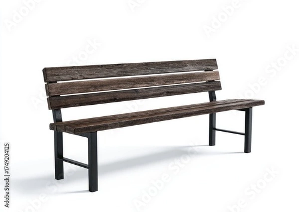 Fototapeta Rustic wooden park bench with dark brown weathered planks and metal supports