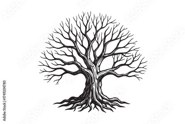 Fototapeta Bare Tree, Old, Leafless Oak Tree with Wide, Spreading Branches and Exposed Roots engraving vector illustration