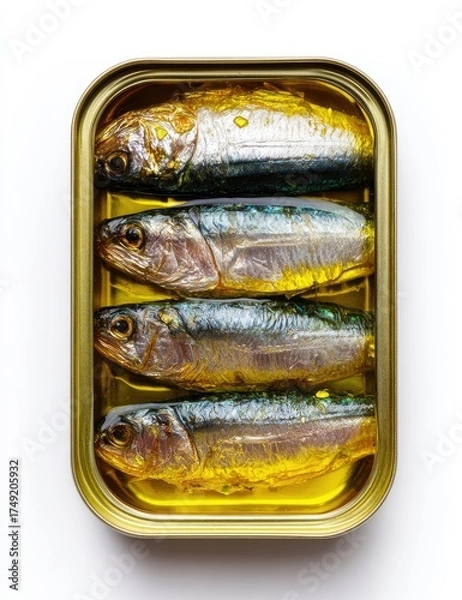 Fototapeta Metal can filled with four whole sardines in oil