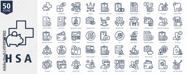 Obraz Health Saving Account Icon Set Outline with HSA, contribution, deductible, premium, qualified medical expense, tax advantage, account holder, interest, investment, dental savings
