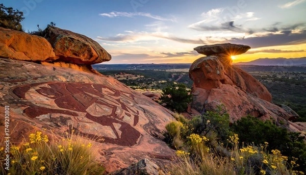 Fototapeta Scenic sunrise over sandstone formations with ancient petroglyphs, showcasing golden light and vast wilderness