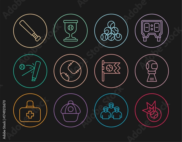 Obraz Set line Baseball ball, Award cup with baseball, bat, Flag and icon. Vector