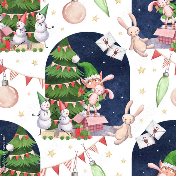 Fototapeta Watercolor seamless pattern with snowmen and a Christmas elf