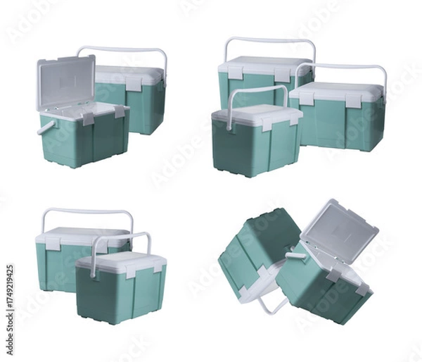 Fototapeta multiple pairings and groupings of mint green and white plastic insulated ice chests isolated on a dark studio background.