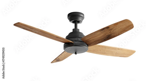 Fototapeta Ceiling Fan with Wooden Blades: An overhead view showcases an aesthetically pleasing ceiling fan, with its striking wooden blades providing a blend of natural charm and cooling functionality. 