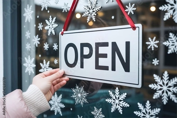 Fototapeta business owner hang open sign on store with christmas decor