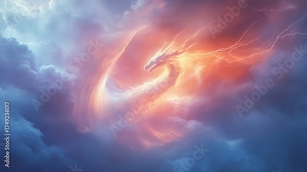 Fototapeta Abstract dragon design in dramatic clouds with lightning effects - fantasy art inspiration