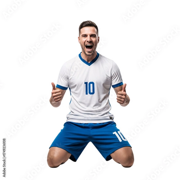 Obraz Triumphant football player on his knees, cheering with excitement and giving a thumbs up gesture after scoring a decisive goal