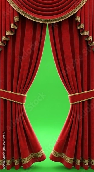 Obraz Dramatic Red Curtains Opening on a Green Screen Backdrop.