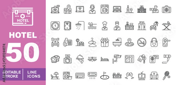 Fototapeta Hotel set of web icons in line style. Exclusive hotel line icon collection. Containing hotel, service, location, laptop, service, washingmachine, dinner, wine, hotel. Editable stroke. Vector 
