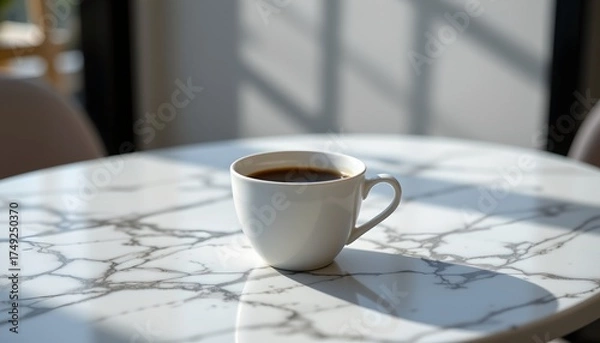 Fototapeta a moment of tranquility with a cup of coffee placed on a marble table near a window allowing sunlight to filter in.