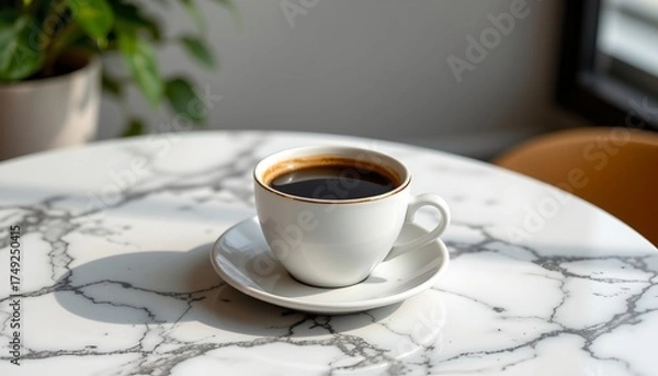 Fototapeta a cozy cafe setting, with the main focus being a cup of coffee sitting atop a marble table