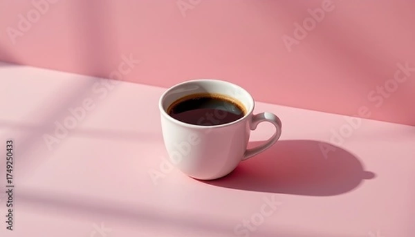 Fototapeta a single cup of coffee placed on a pink surface with a shadow that suggests it is near a window