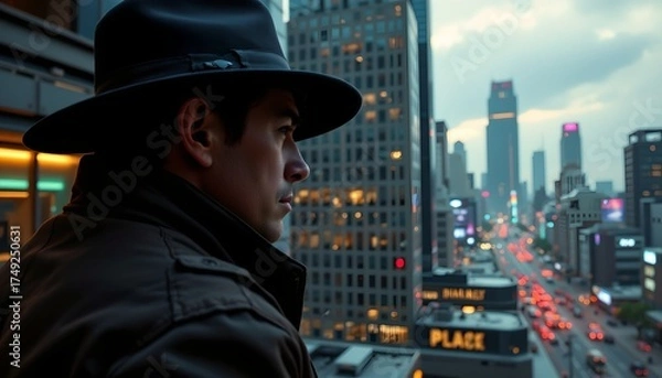 Fototapeta a man in a fedora is standing on a high building overlooking a cityscape at night with bright lights from buildings and streets below.