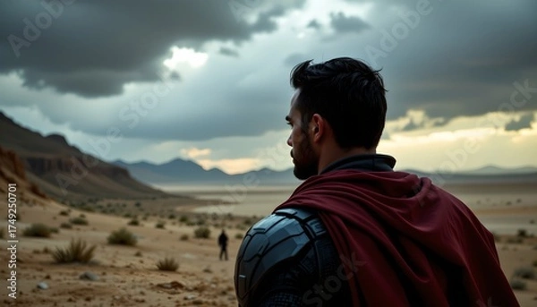 Fototapeta a young man stands in the foreground, gazing off into a desert like landscape that stretches out to a rocky mountain range under a stormy sky