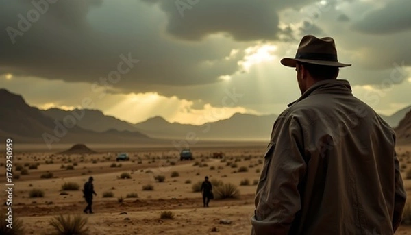 Fototapeta a solitary figure standing in the middle of an arid desert landscape at dusk
