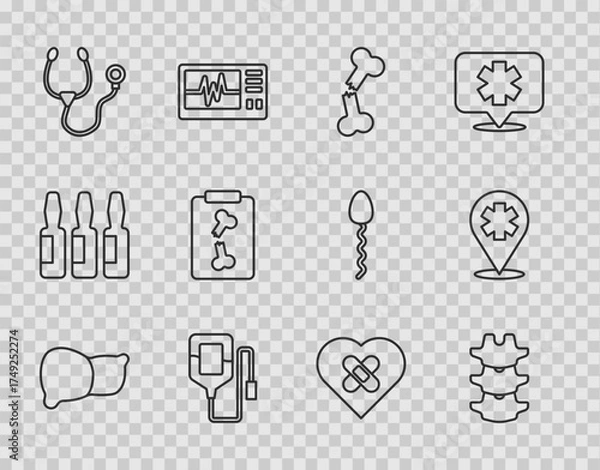 Fototapeta Set line Human organ liver, spine, broken bone, IV bag, Stethoscope, X-ray shots, Healed heart and Location with cross hospital icon. Vector