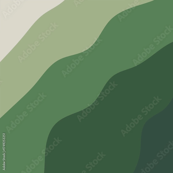 Fototapeta Minimal abstract landscape in layered green shades with smooth organic waves. Modern nature-inspired design for wall art, poster, home decor, and branding. Perfect for mid-century and boho minimalist 