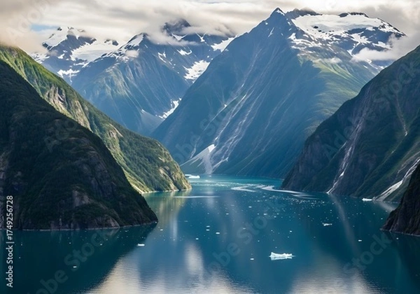 Fototapeta Majestic Alaskan Fjord Landscape with Snow-Capped Mountains and Turquoise Waters.