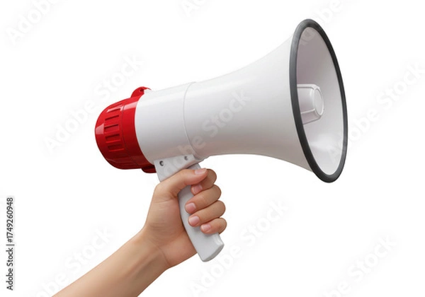 Obraz Hand holding a white and red megaphone isolated on transparent background