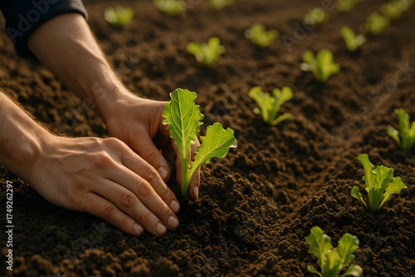 Obraz Hands planting fresh salad greens in a lush green rice field