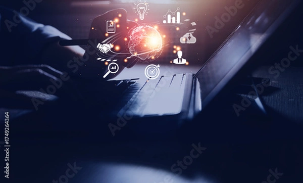 Fototapeta woman Hand holding virtual Global Internet connection metaverse. Business global internet connection application technology and digital marketing, Financial and banking, Digital link tech, big data.