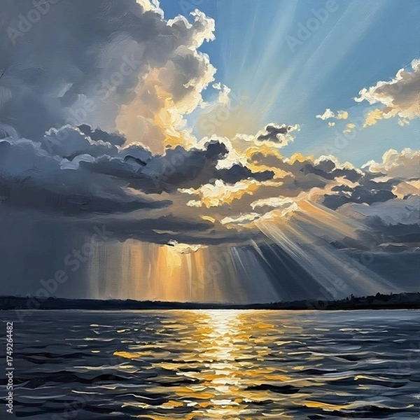 Fototapeta Sunlit Waters - A Serene Landscape Painting of Light and Clouds.