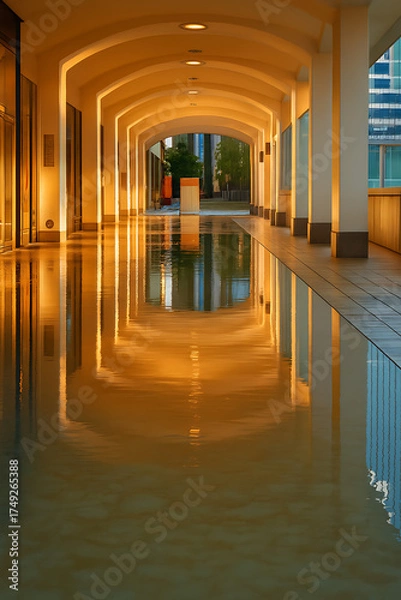 Obraz Golden Hour Reflections in Arched Corridor – Urban Symmetry and Light.