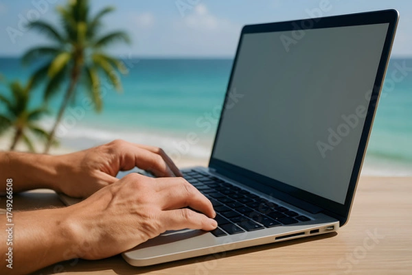 Obraz Tropical workation vibes remote work setup by the beach