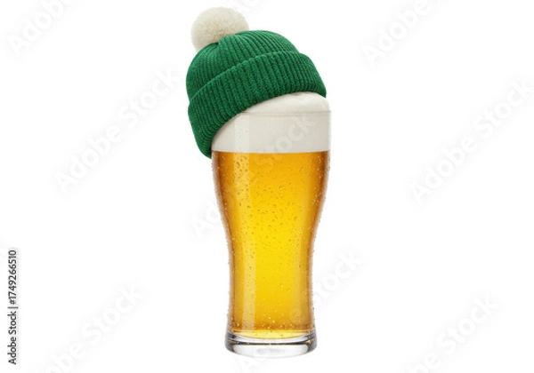 Obraz Refreshing pilsner beer in glass with green knit hat isolated, festive drink for St Patrick s Day celebration