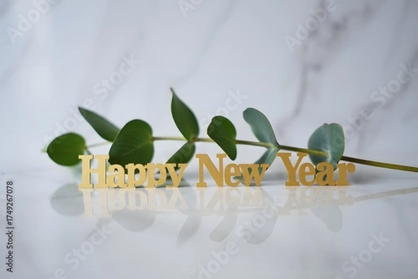 Fototapeta Happy new year greeting with green leaves isolated on white background