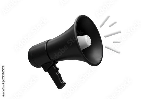 Obraz Black megaphone PNG isolated on transparent background, bullhorn loudspeaker for announcement and communication