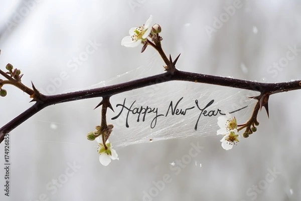 Fototapeta Happy new year tag on blooming branch with snow
