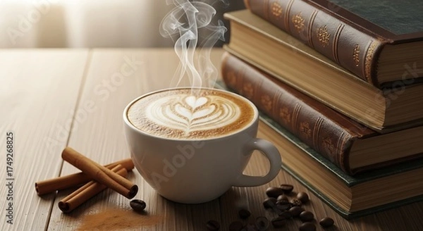 Fototapeta Cozy Coffee Break - Latte Art, Books, and Cinnamon.