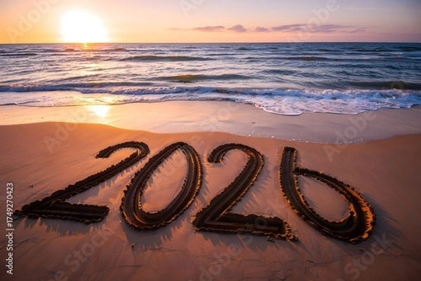 Fototapeta Sunset on beach with 2020 written in sand