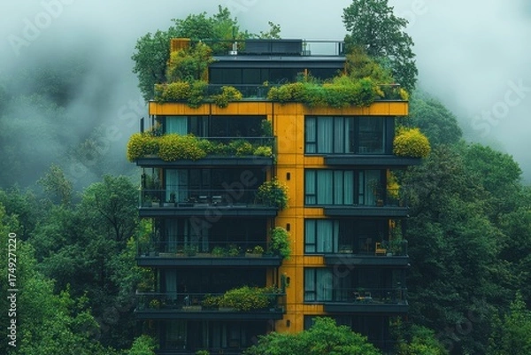 Obraz Modern green building with lush gardens in a misty forest setting