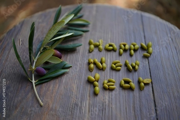 Fototapeta Happy new year message with olives and greenery